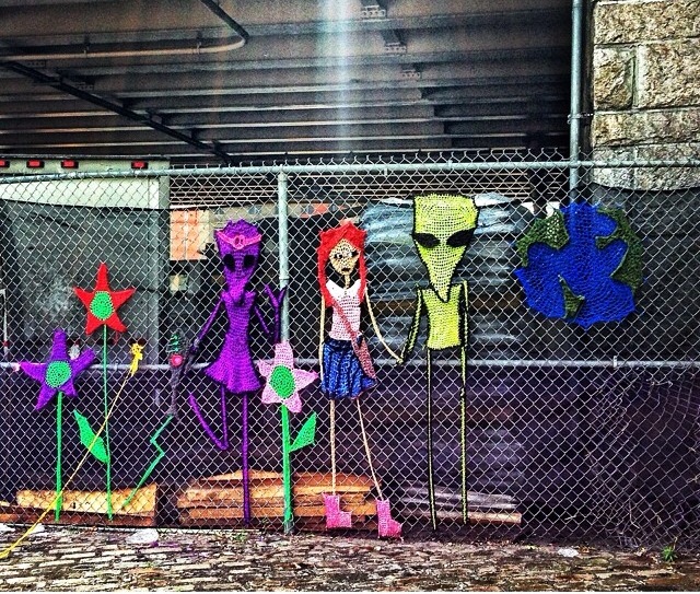 Crochet Mural on BQE Fence - Street Art by London Kaye