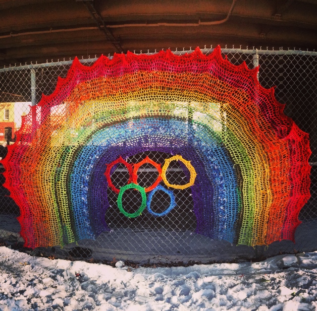 Olympic Rings with Rainbow - Crochet Yarn Bombing - Street Art by London Kaye