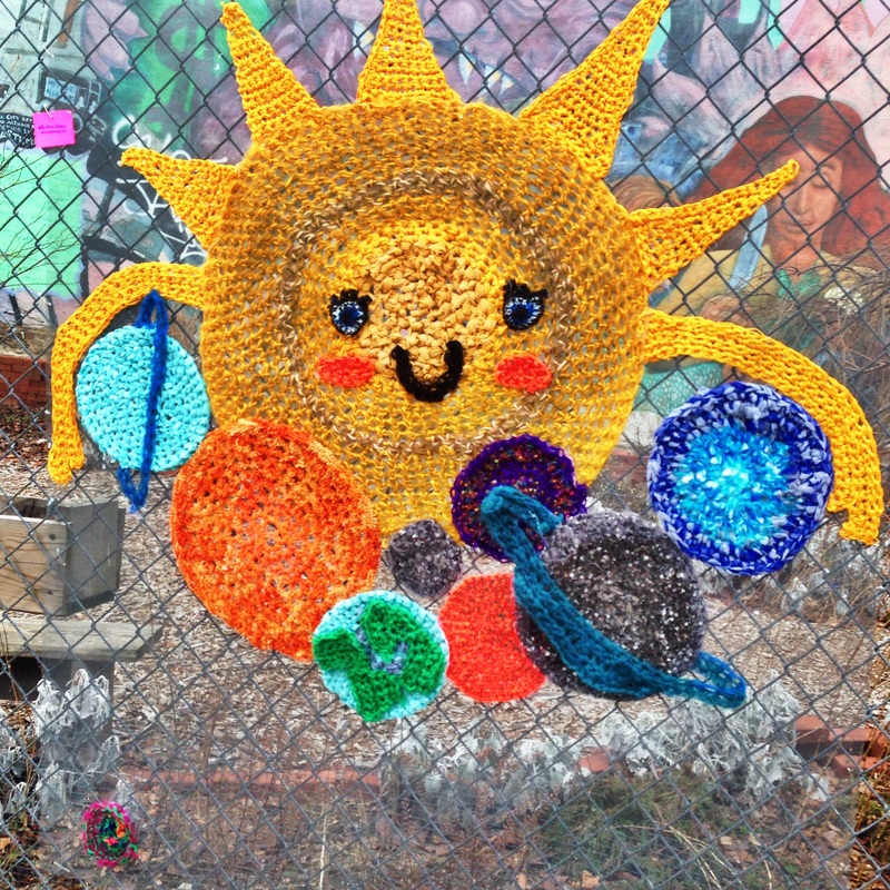 Sun Hugging Planets - Crochet Yarn Bombing - Street Art by London Kaye