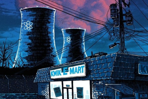 Night Falls on the SNPP - Kwik-E-Mart and Power Plant - Unreal Estate - Art Print by Tim Doyle