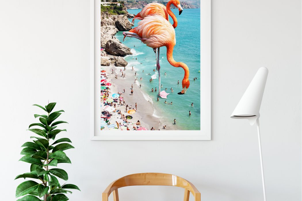 Flamingo collage framed art print
